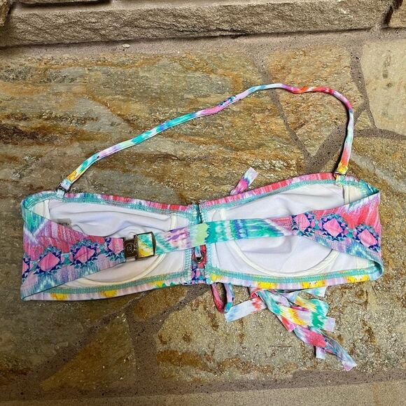 Blue rod beattie colorful tie dye fringe bandeau bikini top size 4 multicolor - Picture 3 of 7